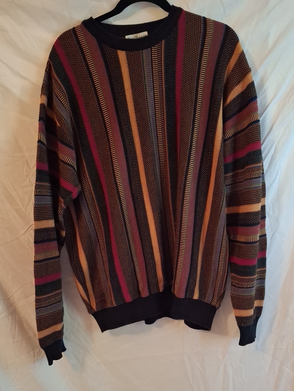 Vintage 90s Norm Thompson 3D Knit Sweater Men's L Vertical Stripe Coogi Style